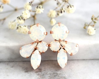 Pendientes de ópalo blanco, pendientes de cristal de ópalo para novias, pendientes de botón de ópalo blanco para novias, pendientes de ópalo, pendientes de ópalo para damas de honor