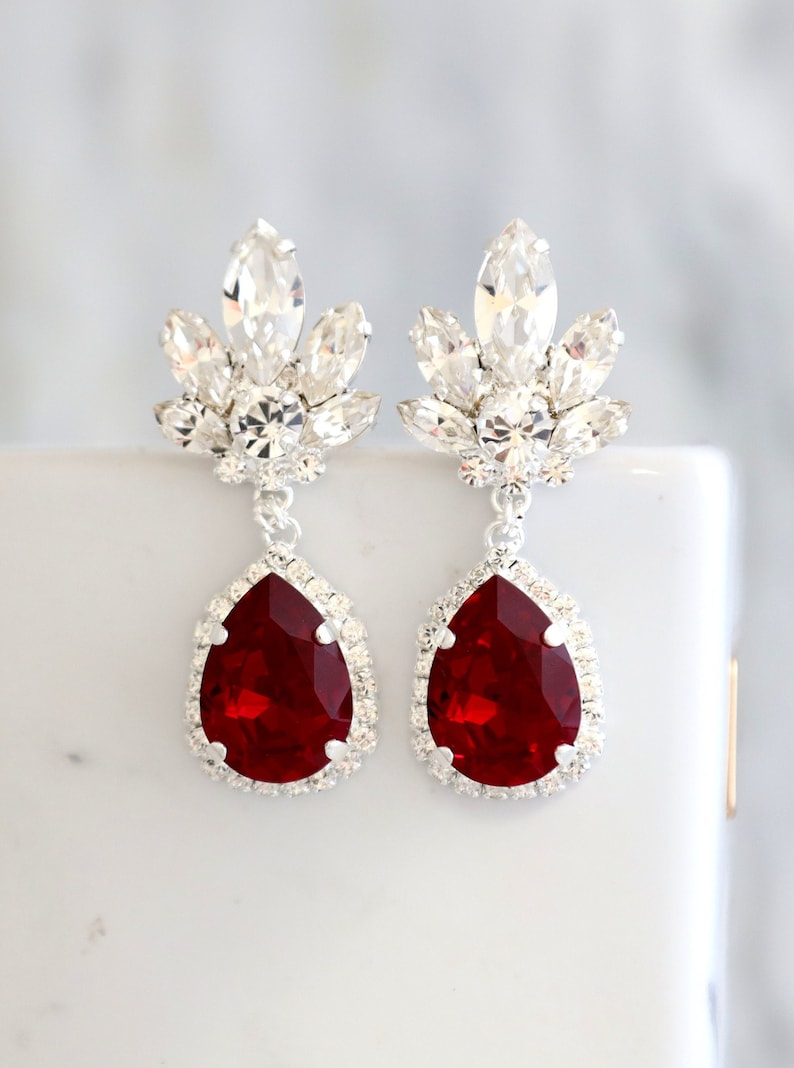 Ruby Earrings, Garnet Red Drop Earrings, Ruby Red Crystal Earrings, Bridal Garnet Drop Earrings, Ruby Red Crystal Chandelier Earrings Silver Finish