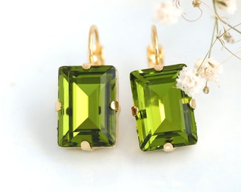 Green Olivine Earrings, Olive Green Drop Earrings, Green Emerald Cut Earrings, Gift For Her, Green Bridesmaids Drop Crystal Earrings