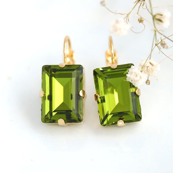 Green Olivine Earrings, Olive Green Drop Earrings, Green Emerald Cut Earrings, Gift For Her, Green Bridesmaids Drop Crystal Earrings