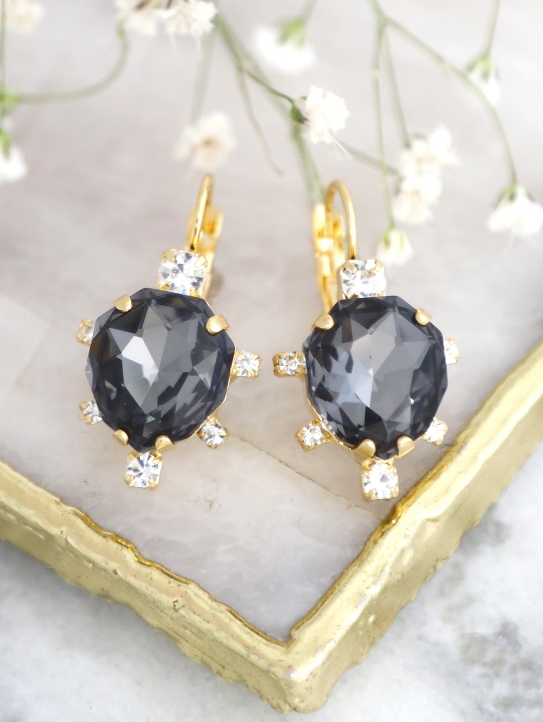 Dark Gray Crystal Earrings, Black Gold Drop Crystal Earrings, Gift for
