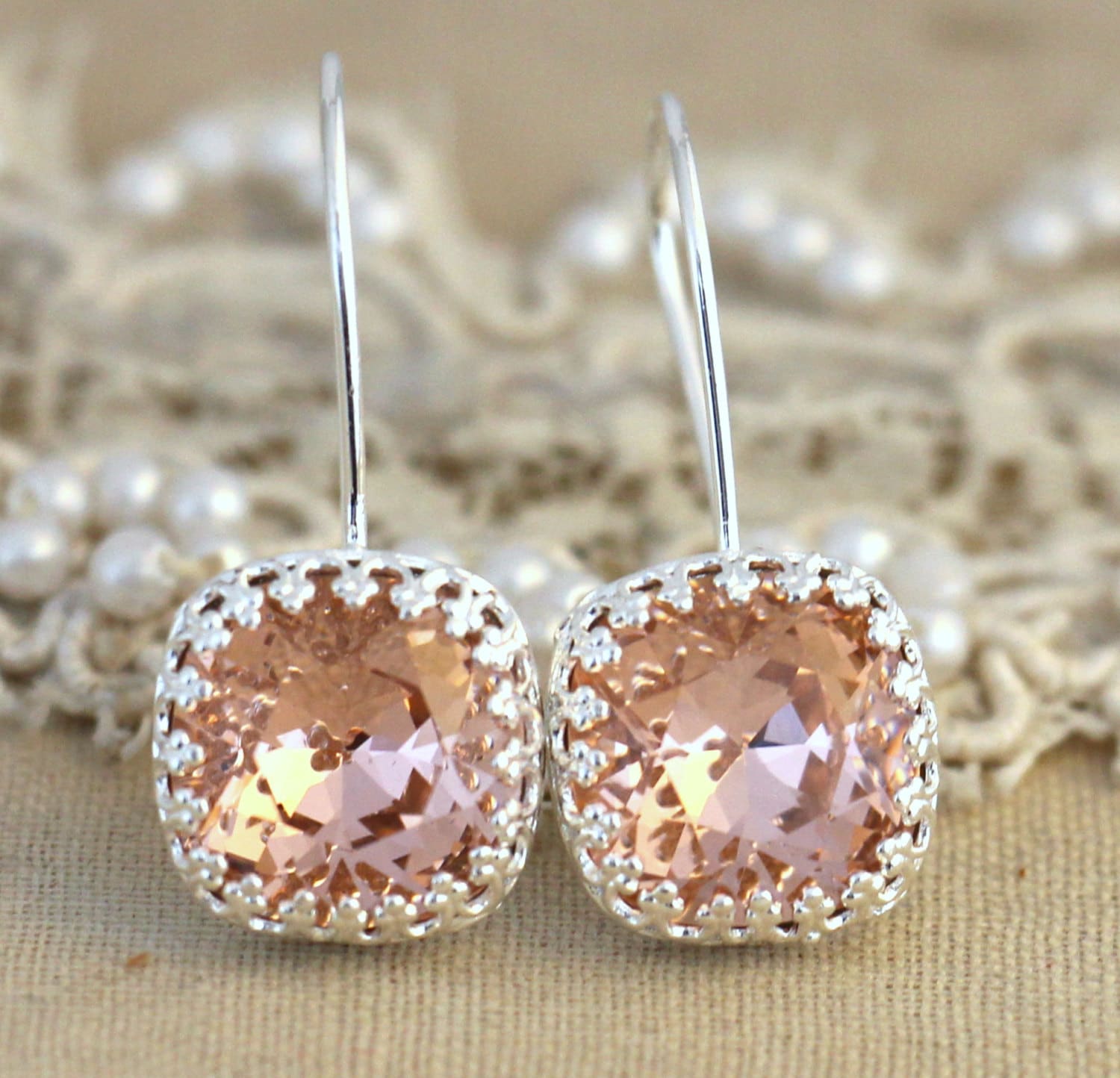 Silver Blush Pink Drop Earrings Swarovski Earrings Wedding Etsy