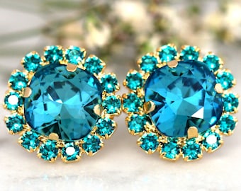 Teal Blue Earrings,Dark Teal Crystal Earrings,Blue Zircon Bridal Stud Earrings,Gift for her,Bridesmaids Earrings,Indicolite Earrings