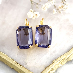 Purple Crystal Drop Earrings, Purple Amethyst Crystal Drop Earrings, Purple Emerlad Cut Earrings, Deep Violet Purple Crystal Earrings