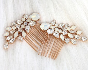 Bridal Hair Comb, Bridal Opal Hair Comb, Rhinestone Hair Comb, Bridal Hair Accessories, Rose Gold Hair Comb, Bridal White Opal Hair Comb