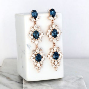 Blue Navy Long Crystals Earrings, Blue Navy Bridal Chandelier Earrings, Navy Blue Statement Bridal Earrings, Sapphire Blue Long Earrings image 6