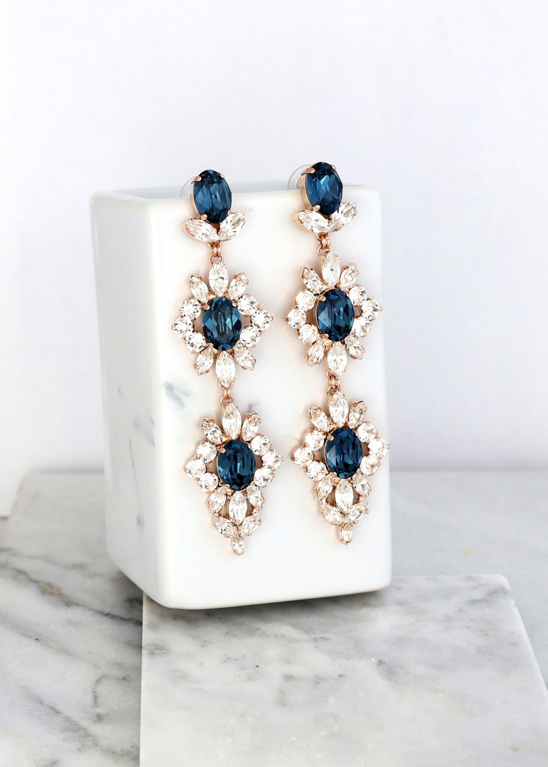 Blue Navy Long Crystals Earrings, Blue Navy Bridal Chandelier Earrings, Navy Blue Statement Bridal Earrings, Sapphire Blue Long Earrings image 6