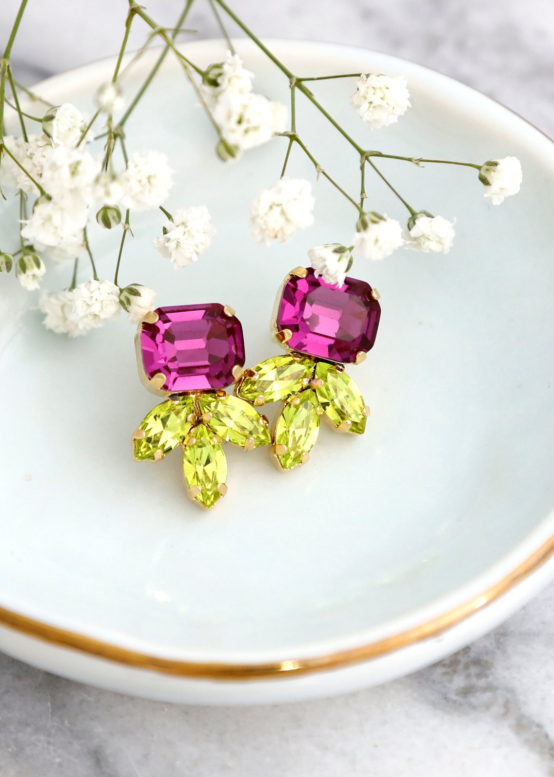 Pink Green Earrings, Bridal Fuchis Pink Stud Earrings, Green Pink Stud
