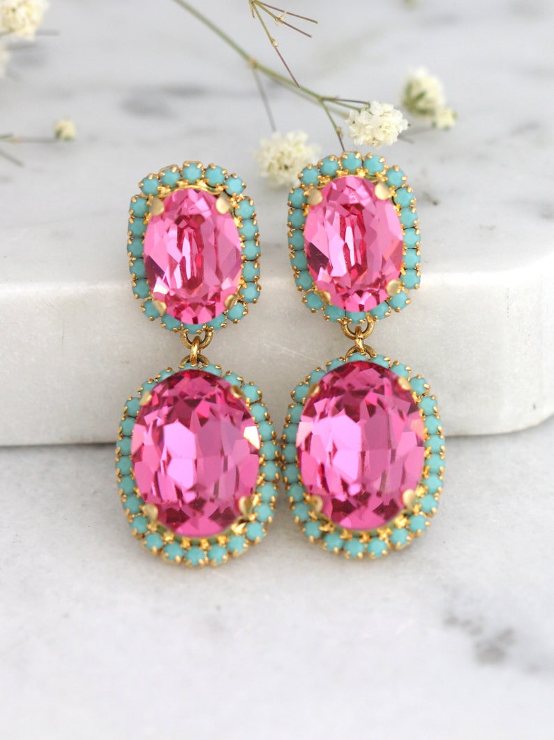 Pink Chandeliers, Pink Turquoise Earrings, Pink Drop Earrings, Hot Pink Chandelier Earrings, Pink Turquoise Chandeliers, Bridal Earrings image 3