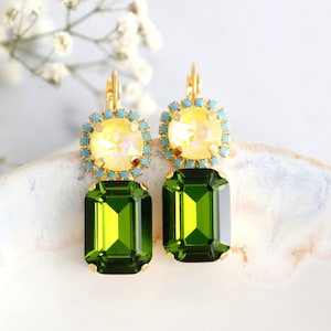 Green Yellow Drop Earrings, Lemon Green Crystal Earrings, Green Drop Earrings, Olive Green Earrings, Gift For Woman, Lime Crystal Earrings
