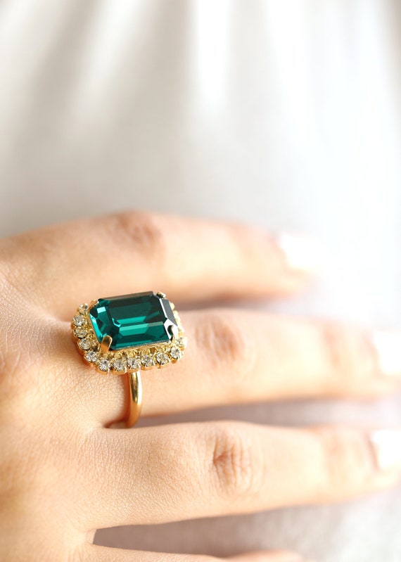 Emerald Ring Emerald Crystal Cocktail Ring Statement Gold