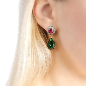Green Pink Earrings, Green Peridot Pink Drop Earrings, Pink Green Chandelier Earrings, Green Pink Crystal Earrings, Pink Green Jewelry image 2