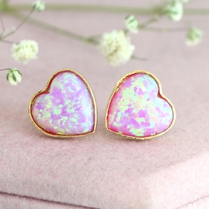 Opal Stud Earrings, Hear Stud Earrings, Pink Opal Gold Stud Earrings, Gift For Her, Gold Heart Earrings, Pink Stud Heart Opal Earrings.