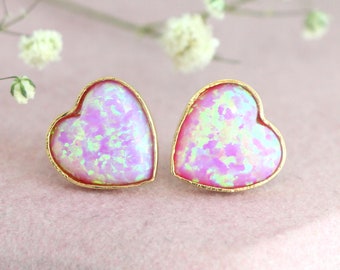 Opal Stud Earrings, Hear Stud Earrings, Pink Opal Gold Stud Earrings, Gift For Her, Gold Heart Earrings, Pink Stud Heart Opal Earrings.