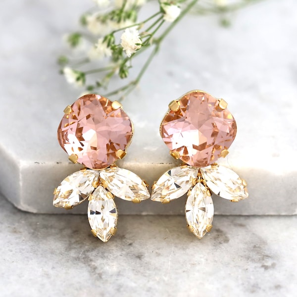 Blush Crystal Earrings, Blush Pink Stud, Bridal Blush Stud Earrings, Bridal Earrings, Bridesmaids Earrings, Morganite Earrings, Pink Studs