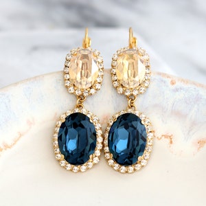 Blue Navy Earrings, Bridal Blue Navy Crystal Earrings, Blue Crystal Chandelier Earrings, Statement Long Bridal Earrings, Sapphire Earrings