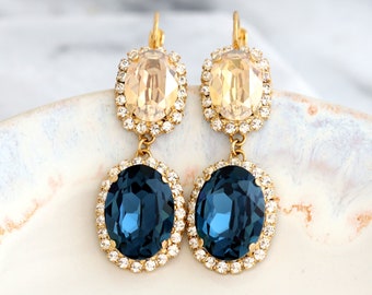 Blue Navy Earrings, Bridal Blue Navy Crystal Earrings, Blue Crystal Chandelier Earrings, Statement Long Bridal Earrings, Sapphire Earrings
