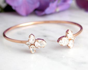 Bridal Crystal Bracelet, Bridal Rose Gold Bracelet, Bridal Cuff Bracelet, Bridesmaids Jewelry, Cuff Bracelet, Open cuff Crystal Bracelet