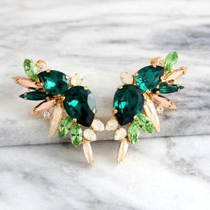 Emerald Statement Earrings, Bridal Climbing Earrings, Emerald Ear Cuff Earrings, Bridal Climbing Earrings, Emerald Ear Climbing Earrings