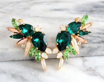 Emerald Statement Earrings, Bridal Climbing Earrings, Emerald Ear Cuff Earrings, Bridal Climbing Earrings, Emerald Ear Climbing Earrings
