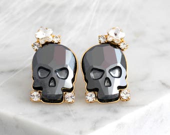 Skull Earrings, Sugar Skull Earrings, Black Skull Earrings, Gothic Bride Jewelry, Rock N Roll Bride Earrings, Gift For Her, Crystal Earrings