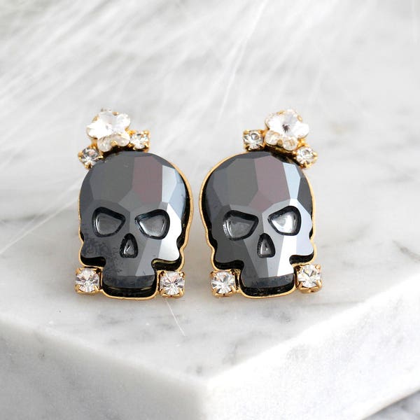 Skull Earrings, Sugar Skull Earrings, Black Skull Earrings, Gothic Bride Jewelry, Rock N Roll Bride Earrings, Gift For Her, Crystal Earrings