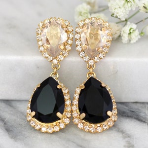 Black Gold Earrings, Black Chandelier earrings, Bridal Drop earrings ,Bridal Black Earrings, Champagne Black Statement Earrings image 1