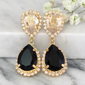 Black Gold Earrings, Black Chandelier earrings, Bridal Drop earrings ,Bridal Black Earrings, Champagne Black Statement Earrings