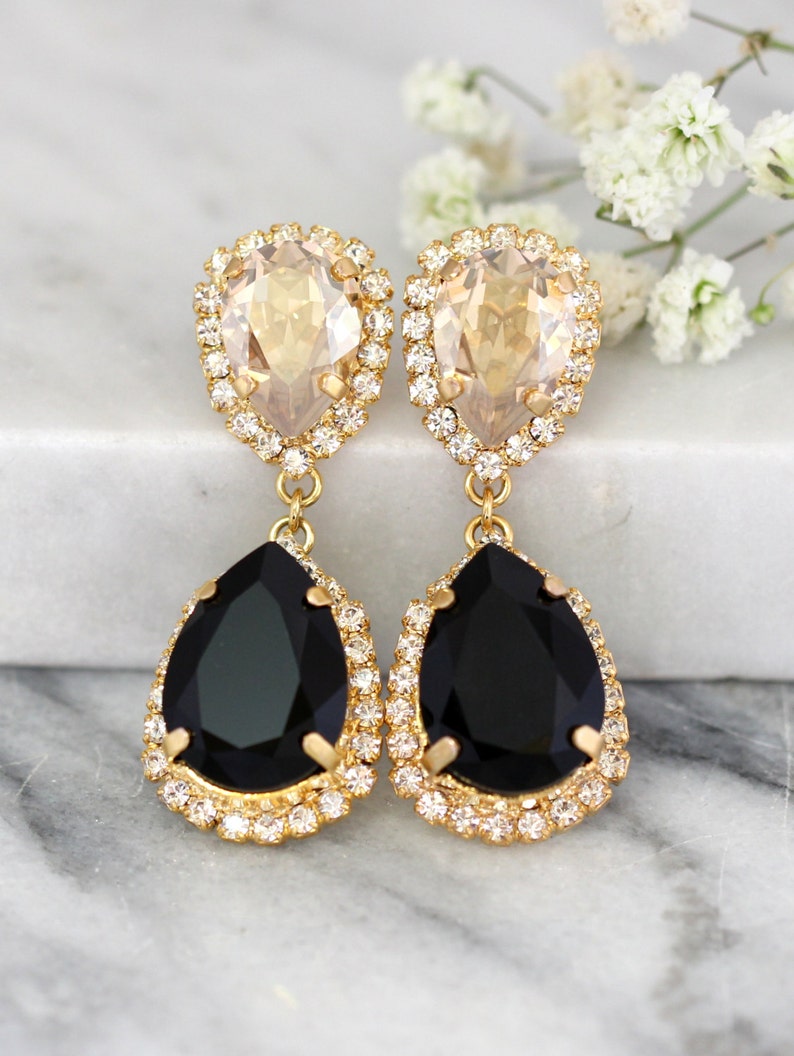 Black Gold Earrings, Black Chandelier earrings, Bridal Drop earrings ,Bridal Black Earrings, Champagne Black Statement Earrings image 1