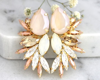 Ivory Cream Statement Earrings, Bridal Crystal Ivory Cream Earrings, Bridal Rose Gold Earrings, Bridal Statement Earrings, Bridal Jewelry