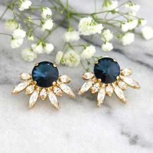 Blue Navy Earrings, Bridal Earrings, Navy Blue Crystal Stud Earrings, Bridal Cluster Earrings, Midnight Blue Earrings, Bridesmaids Earrings