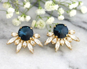 Blue Navy Earrings, Bridal Earrings, Navy Blue Crystal Stud Earrings, Bridal Cluster Earrings, Midnight Blue Earrings, Bridesmaids Earrings