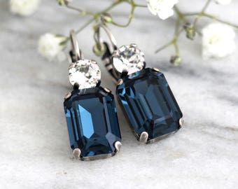 Blue Navy Earrings, Blue Drop Earrings, Bridal Dark Blue Sapphire Earrings, Octagon Earrings, Bridesmaids Earrings, Blue Bridal Earrings