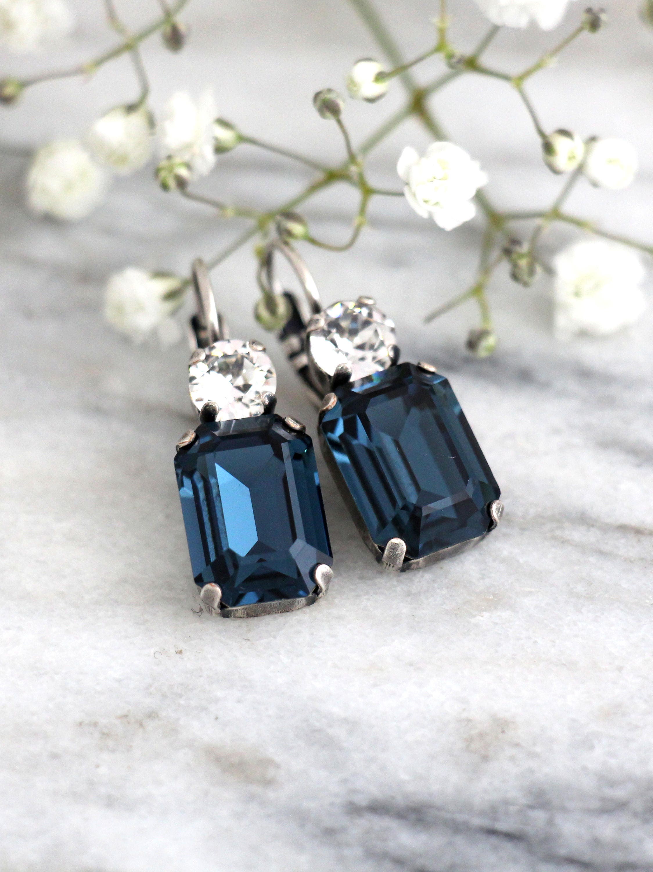 Blue Navy Earrings Blue Drop Earrings Swarovski Dark Blue Etsy