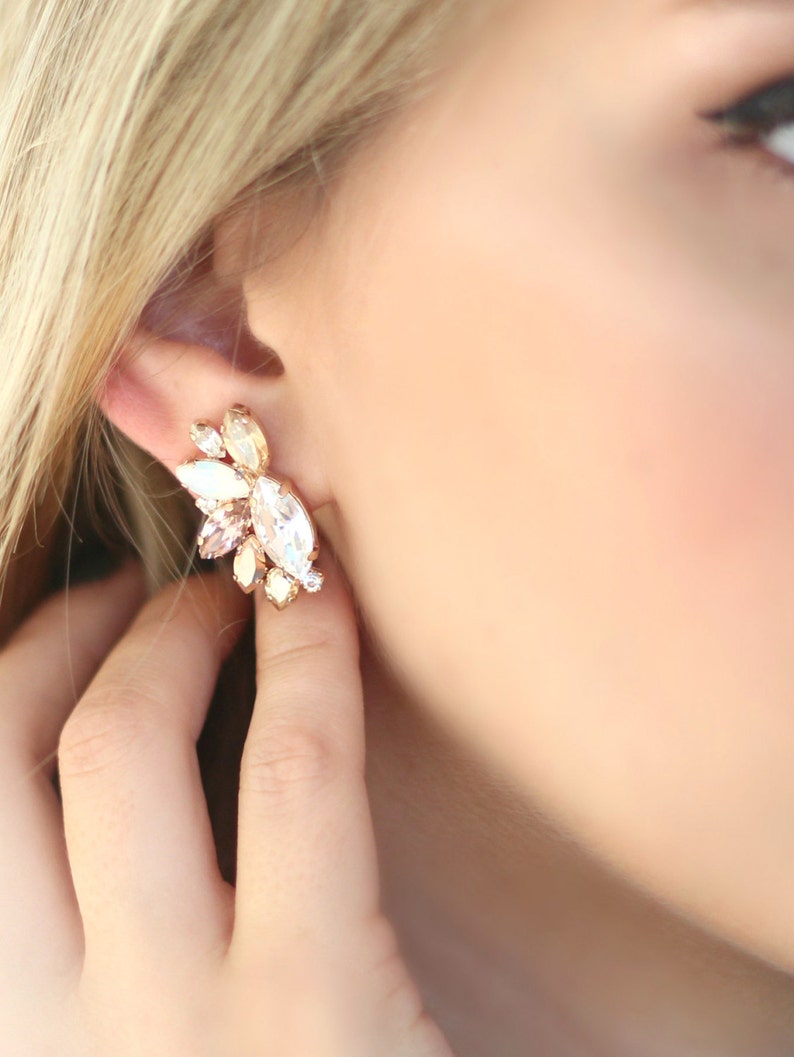 Rose Gold Champagne Cluster Earrings, Blush Bridal Earrings,Bridal Rose Gold Earrings, Bridesmaids Earrings, White Opal Champagne Studs image 3