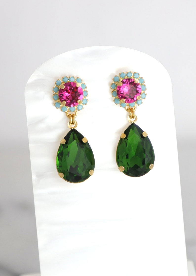 Green Pink Earrings, Green Peridot Pink Drop Earrings, Pink Green Chandelier Earrings, Green Pink Crystal Earrings, Pink Green Jewelry image 1