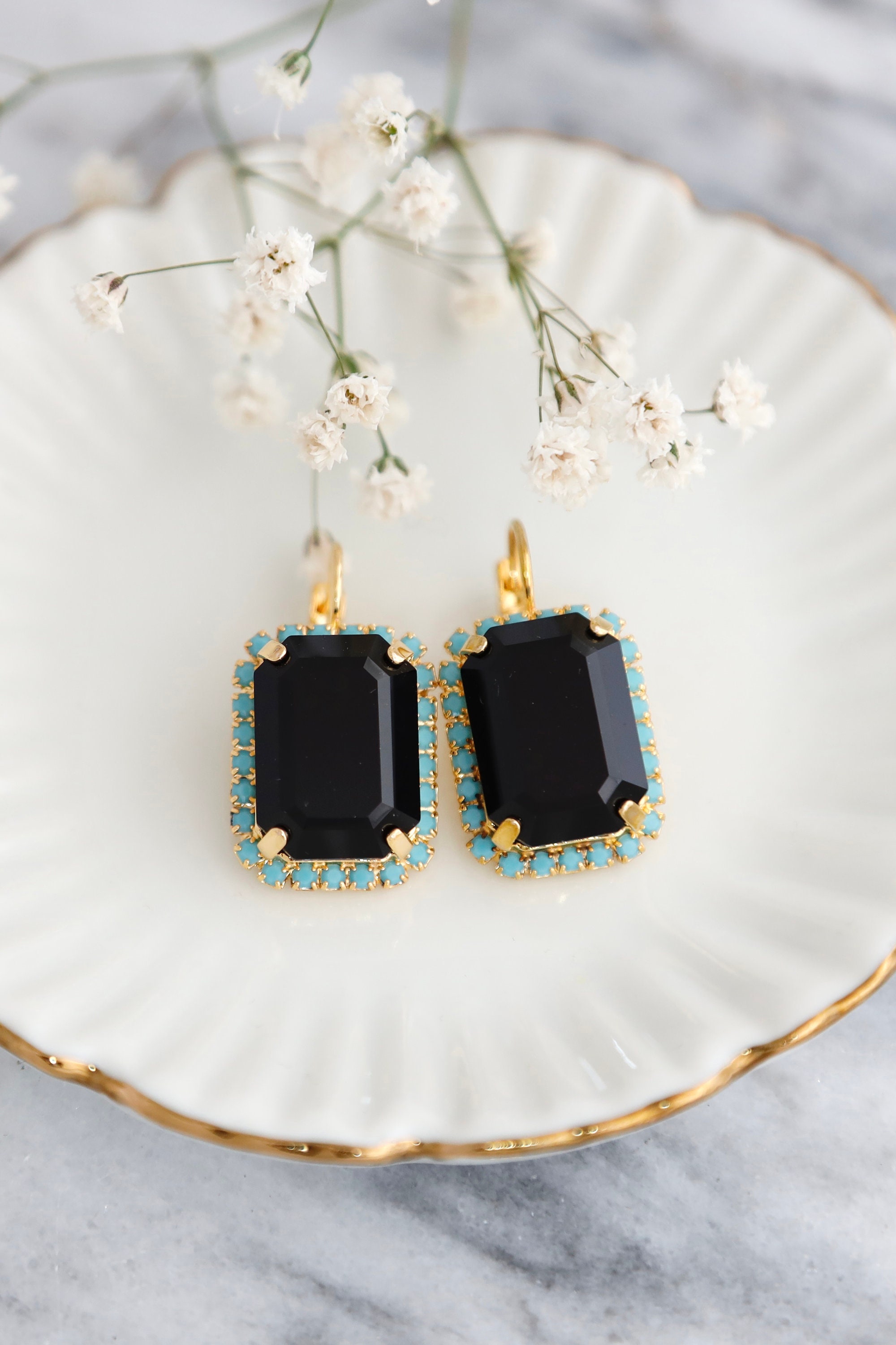 Black Drop Crystal Earrings, Black Blue AUSTRIAN Crystal