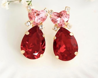Red Pink Heart Stud Earrings, Heart Red Pink Crystal, Romantic Bridal Earrings, Bridesmaids Earrings, Embellished Crystals, Romantic Gift