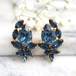 Blue Navy Earrings, Navy Blue Bridal Earrings, Bridal Blue Cluster Earrings, Bridal Sapphire Blue Earrings, Navy Blue Bridesmaids Earrings.