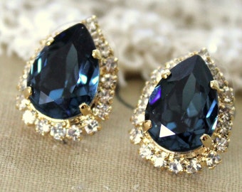 Blue Navy Bridal Earrings, Dark Blue Pear Stud Earring, Bridesmaid Earrings, Blue Sapphire Crystal Earrings, Bridesmaids Earrings