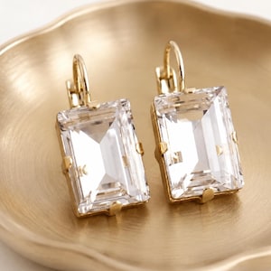 Pendientes colgantes de oro y cristal blanco, pendientes clásicos de novia con corte esmeralda, joyas de boda, pendientes de patrimonio, pendientes con corte esmeralda, regalo para ella
