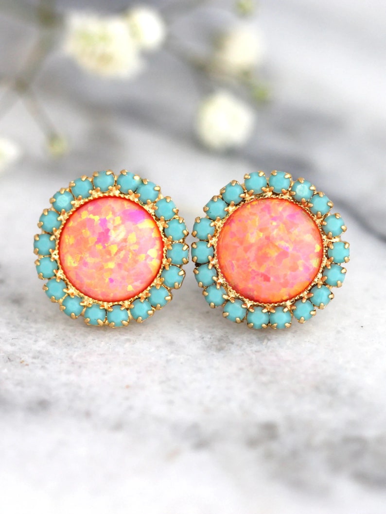 Opal earrings, Coral Mint earrings, Opal Stud Earrings, Tangerine bridesmaids Earrings, Gift For Her, Orange Earrings, Fire Opal Earrings image 9