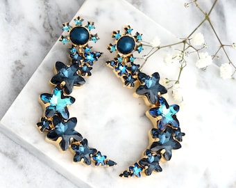 Blue Navy Star Earrings, Blue Navy Chandelier Earrings, Statement Blue Crystal Earrings, Navy Blue Oversize Chandelier Earrings.