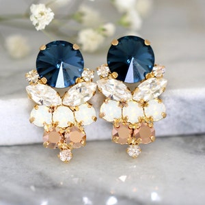 Bridal Blue Navy Clip-On Earrings, Navy Blue Rose Gold Crystal Cluster Earrings, Bridal Dark Blue Earrings, Gift For Her, Bridal Earrings