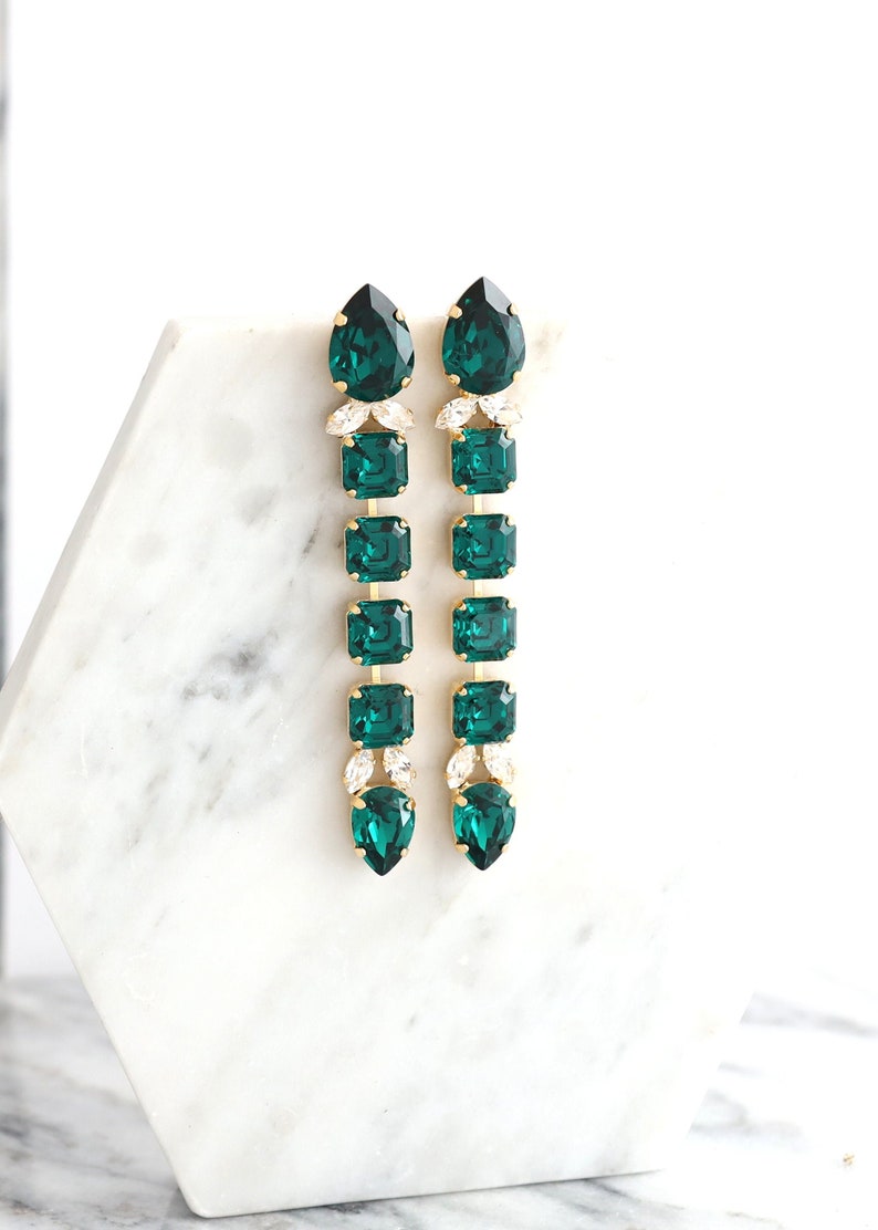 Emerald Long Earring, Emerald Crystal Long Earrings, Dark Green Chandelier Bridal Earrings, Statement Emerald Green Drop Earrings image 1