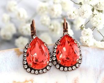 Orange Drop Earrings, Coral Drop Crystal Earrings, Bridal Peach Crystal Pear Drop Earrings, Bridesmaids Coral Drop Crystal Earrings.