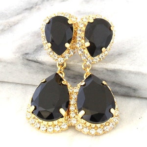 Black Gold Chandelier earrings, Wedding Black Statement Earrings, Black Crystal Earrings, Black gold long earrings, Long Black Earrings