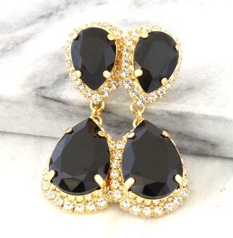 Black Gold Chandelier earrings, Wedding Black Statement Earrings, Black Crystal Earrings, Black gold long earrings, Long Black Earrings image 1