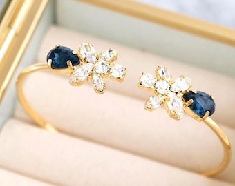 Blue Navy Bracelet, Bridal Navy Blue Open Cuff Bracelet, Dark Blue Crystal Silver Bracelet, Bridesmaids Bracelet, Bridal Wedding Bracelet