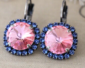 Pink Blue Crystal Earring Pink Earrings Rose Pink Drop earrings Pink Blue Sapphire dangle earrings Bridesmaids earrings gift for Her